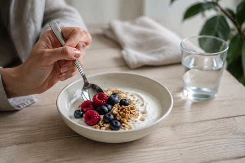 Kleine Mahlzeit mit Joghurt, Beeren, Haferflocken und Walnüssen auf einem hellen Tisch.