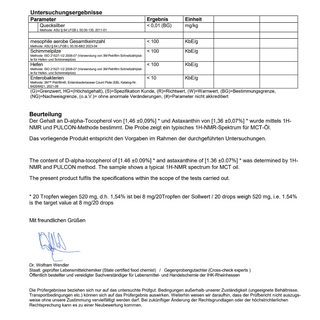 Laboratory analysis of neotes astaxanthin oil as evidence of verified product quality