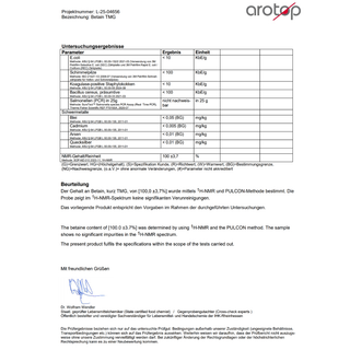 Certificate of analysis for neotes betaine TMG powder with laboratory testing and purity information