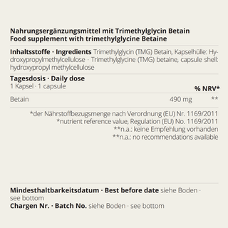 Betaine TMG ingredient presentation with trimethylglycine and a bilingual neotes label