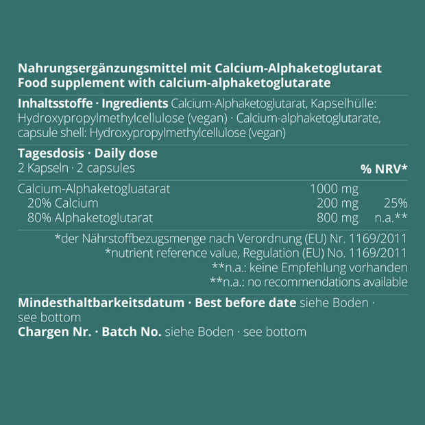 Calcium-Alphaketoglutarat Kapseln von neotes mit Inhaltsstoffen, Nährwerten und Tagesdosis