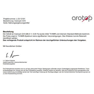 Laboratory report and quality certificate for neotes coenzyme Q10 capsules on a light background