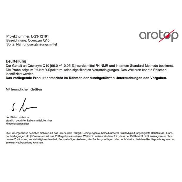 Laborbericht und Qualitätsnachweis zu Coenzym Q10 Kapseln von neotes auf hellem Hintergrund