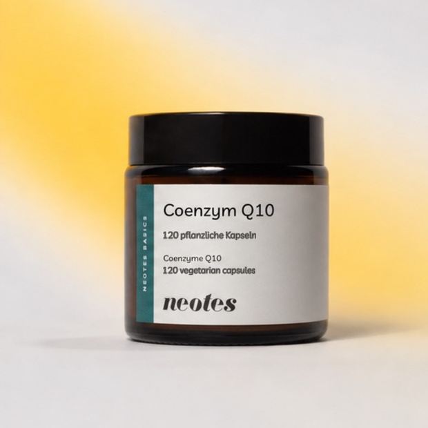 neotes Coenzym Q10 Packshot mit gelbem Farbverlauf, 120 pflanzliche Kapseln