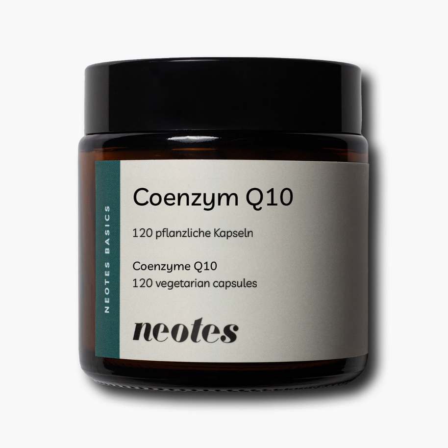 Coenzym Q10 Kapseln von neotes im braunen Glastiegel, Etikett mit 120 pflanzlichen Kapseln
