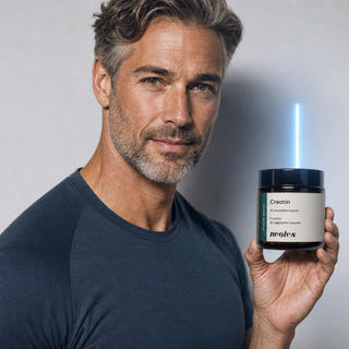 Man holding a jar of neotes creatine capsules in a calm lifestyle scene