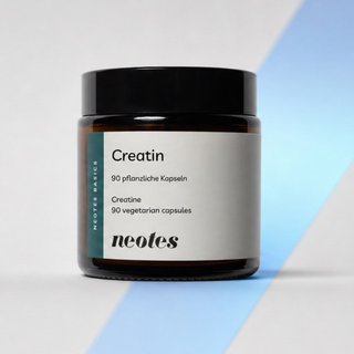 neotes creatine capsules as a packshot with a jar and blue light accent