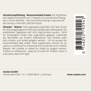 Back label of neotes creatine capsules with directions for use and advisory text