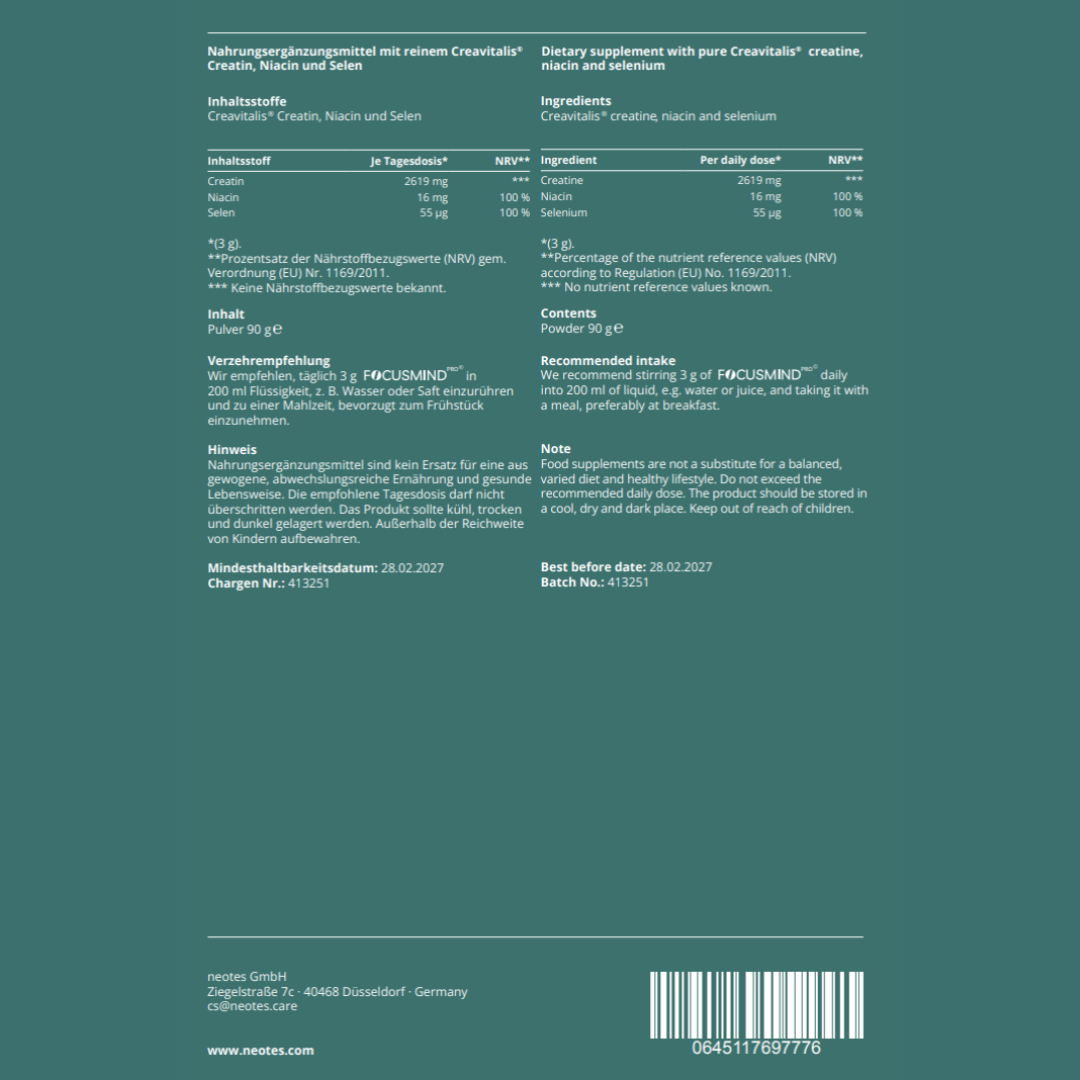 Originaletikett: pro 3 g Pulver 2.619 mg Kreatin, 16 mg Niacin und 55 Mikrogramm Selen