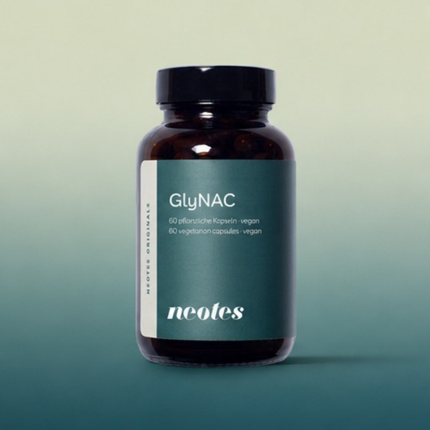 GlyNAC Kapseln von neotes als Tiegel-Packshot vor einem sanften Verlaufshintergrund