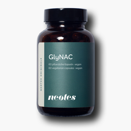 GlyNAC Kapseln von neotes als veganes Kapselprodukt im Tiegel auf hellem Hintergrund