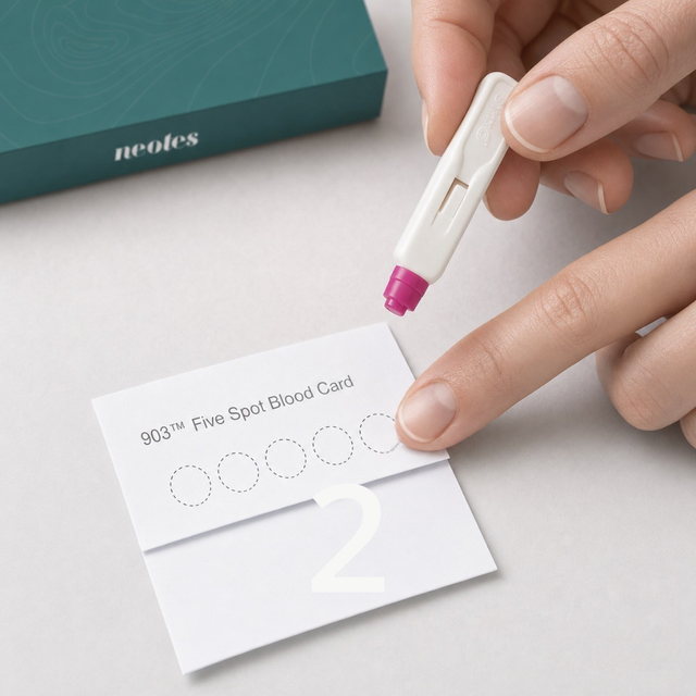 bioAge Test step 2: collect capillary blood and apply it to the dried blood card