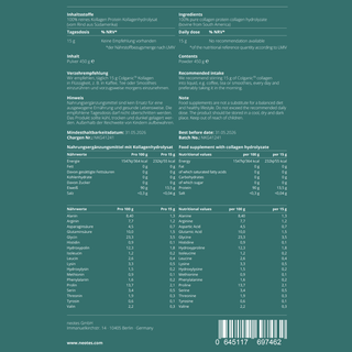 Kollagen Hydrolysat Pulver von neotes mit Inhaltsstoffen, Nährwerten und Produktdetails auf dem Label
