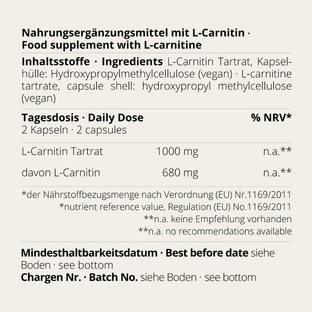 Rückseitenlabel der L-Carnitin Kapseln von neotes mit Inhaltsstoffen und Tagesdosis