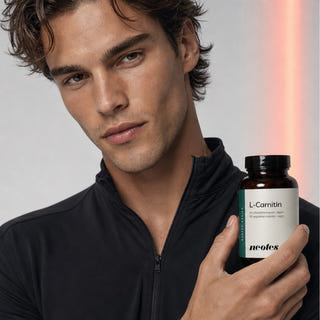 Man holding a jar of neotes L-carnitine capsules in a calm lifestyle scene