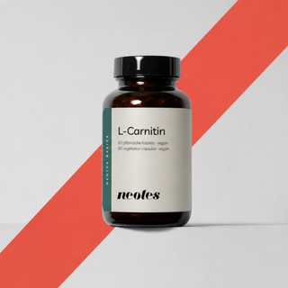 neotes L-carnitine capsules as a packshot with a jar and a red graphic accent