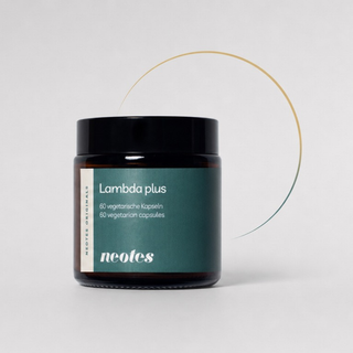 neotes Lambda Plus capsules as a jar packshot against a subtle color arc