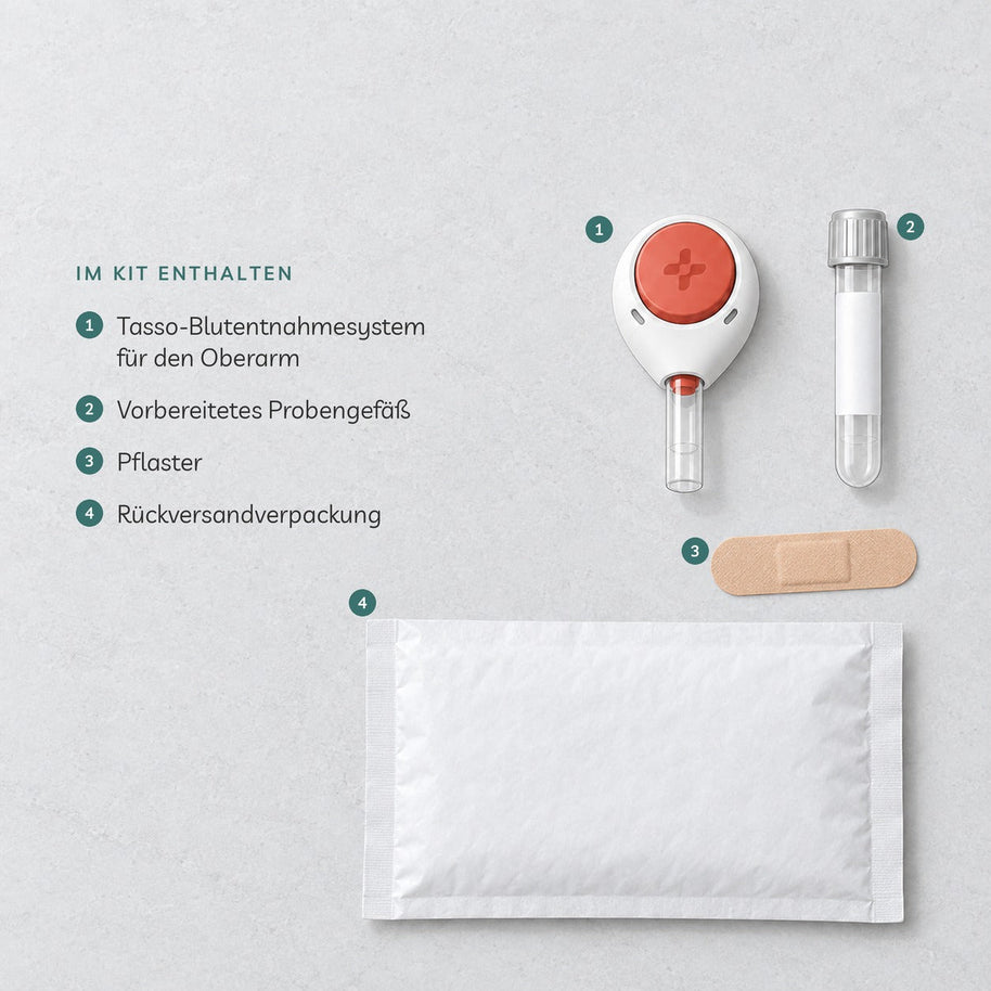 Im Testkit enthalten: Tasso-Blutentnahmesystem für den Oberarm, vorbereitetes Probengefäß, Pflaster und Rückversandverpackung