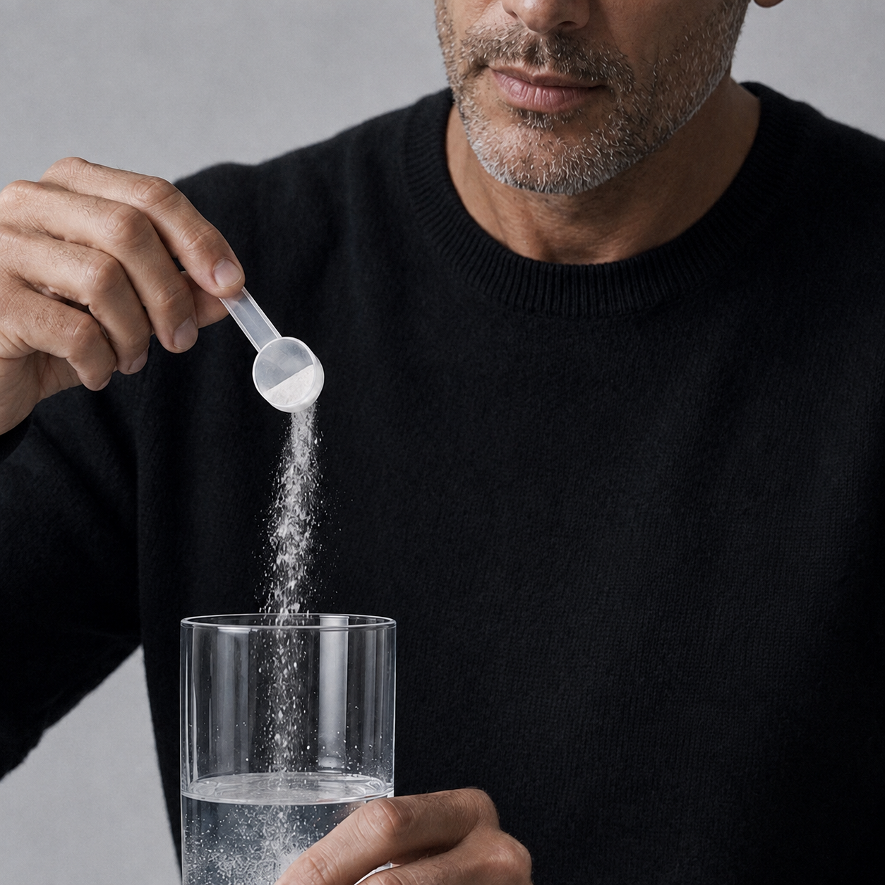 Ein Mann gibt Focusmind-Pulver mit einem Messlöffel in ein Wasserglas.