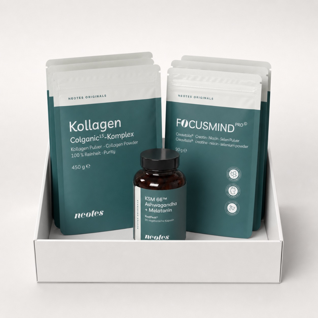 Change Bundle von neotes mit Kollagen, FocusMind und RestPeak in geöffneter Geschenkbox