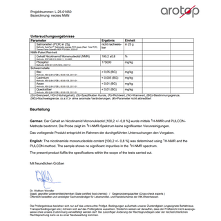 Certificate of analysis and laboratory report on the purity of neotes NMN powder