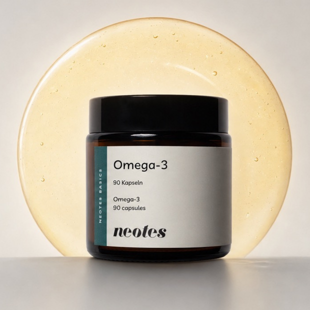 Omega-3 Kapseln von neotes in einer Glasflasche als Packshot mit Lichtkreis