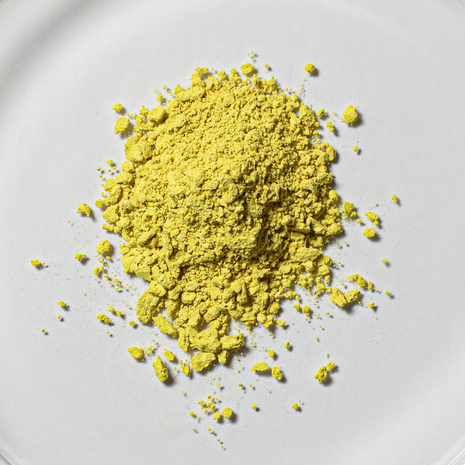 Yellow quercetin powder in a bright laboratory setting in close-up