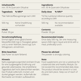 Quercetin powder label with ingredients and directions for use in German and English