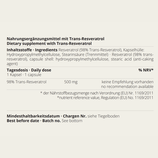 Resveratrol product detail highlighting 98 percent trans-resveratrol