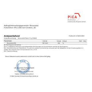 neotes resveratrol powder with certificate of analysis and laboratory report for product testing