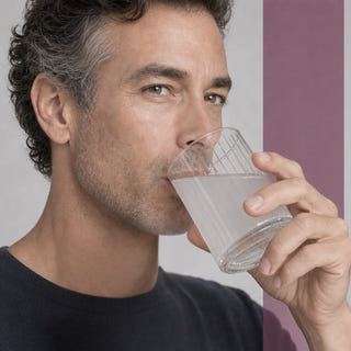 Man preparing neotes resveratrol powder in a drinking glass for consumption