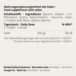 Selen Tropfen von neotes mit sichtbarem Etikett zu Inhaltsstoffen und empfohlener Tagesdosis