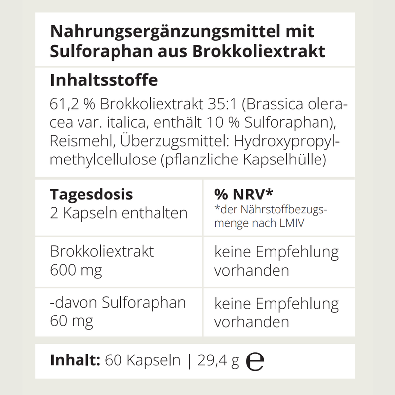 Sulforaphan Kapseln von neotes mit Hinweis auf Brokkoliextrakt und empfohlene Tagesdosis