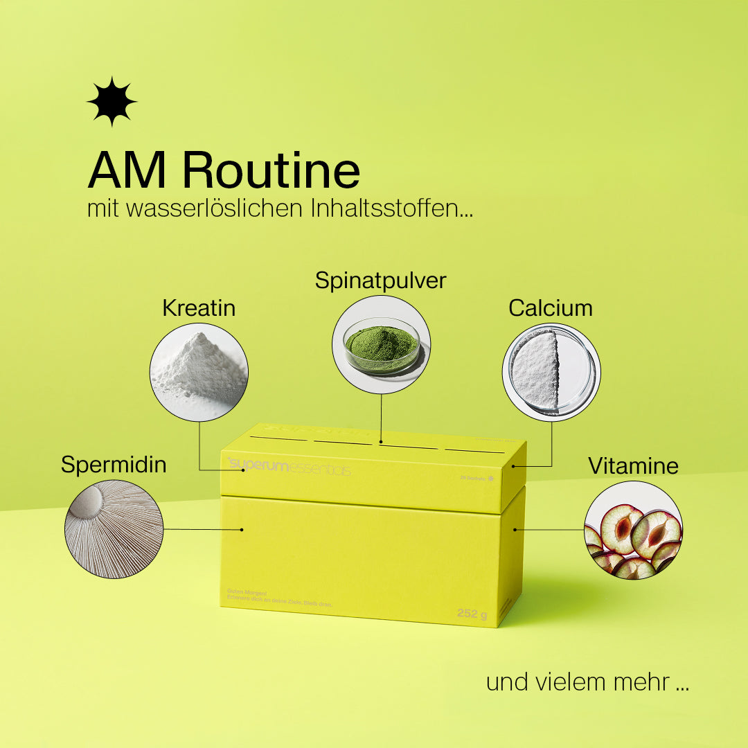 superum essentials AM Routine mit Spermidin, Kreatin, Spinatpulver und Calcium