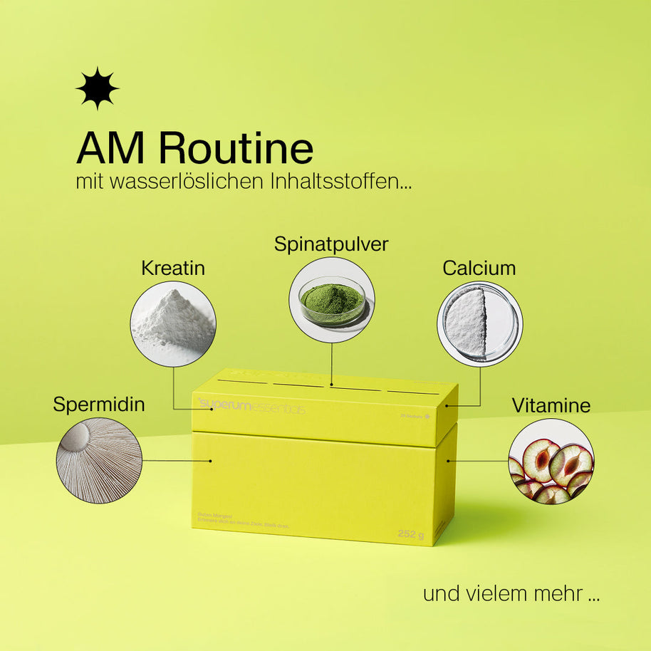 superum essentials AM Routine mit Spermidin, Kreatin, Spinatpulver und Calcium