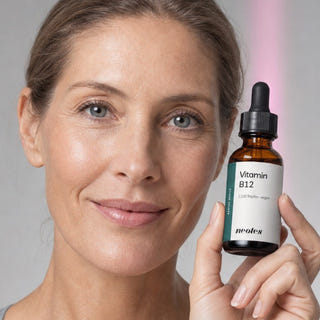Woman holding a bottle of neotes vitamin B12 drops in a bright lifestyle scene