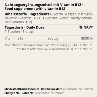 neotes vitamin B12 drops with an ingredient and daily dose note on the label