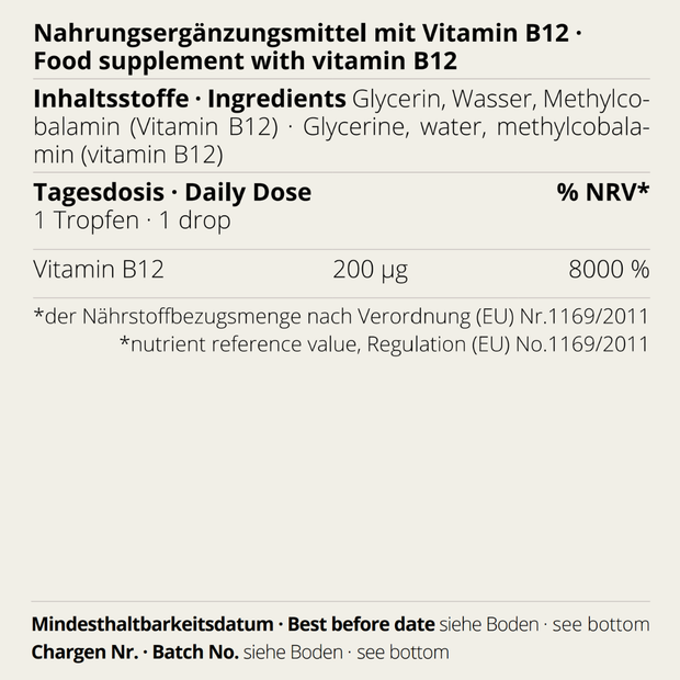 Vitamin B12 Tropfen von neotes mit Inhaltsstoff- und Tagesdosis-Hinweis auf dem Etikett