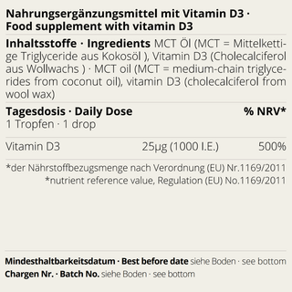 Vitamin D3 oil label with ingredients and daily dose in German and English