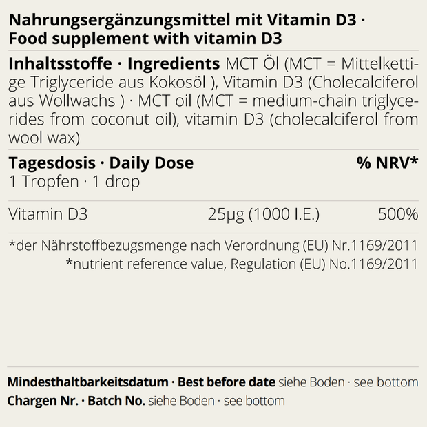Vitamin D3 Öl Etikett mit Inhaltsstoffen und Tagesdosis auf Deutsch und Englisch