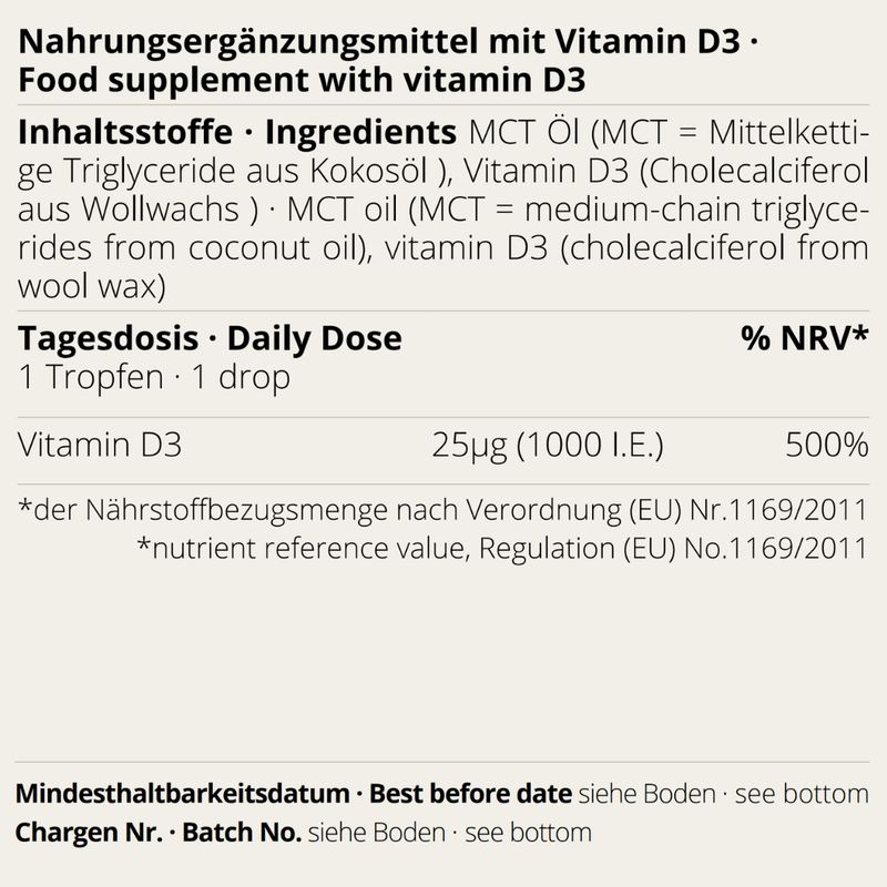 Vitamin D3 Öl Etikett mit Inhaltsstoffen und Tagesdosis auf Deutsch und Englisch
