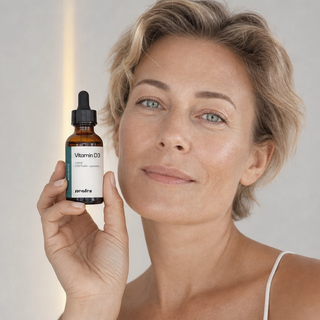 Mature woman in a bright lifestyle image featuring neotes vitamin D3 oil