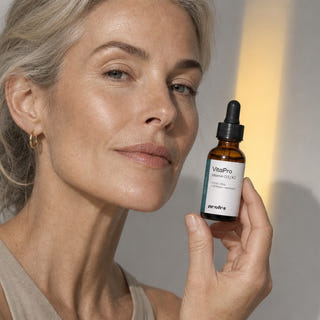 Woman in a bright lifestyle scene featuring neotes vitamin D3/K2 MK-7 oil