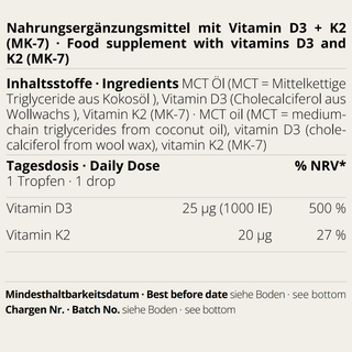 neotes vitamin D3/K2 MK-7 oil with a visible label showing ingredients and daily dose
