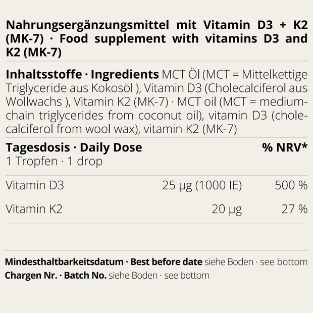Vitamin D3/K2 MK-7 Öl von neotes mit sichtbarem Etikett zu Inhaltsstoffen und Tagesdosis