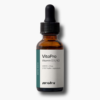 neotes vitamin D3/K2 MK-7 oil in an amber glass bottle with a white label on a light background